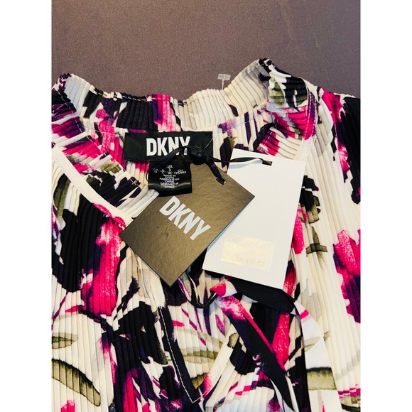 NWT DKNY Women's Pleated Floral Sleeveless Tie Neck Blouse Top - Picture 3 of 7